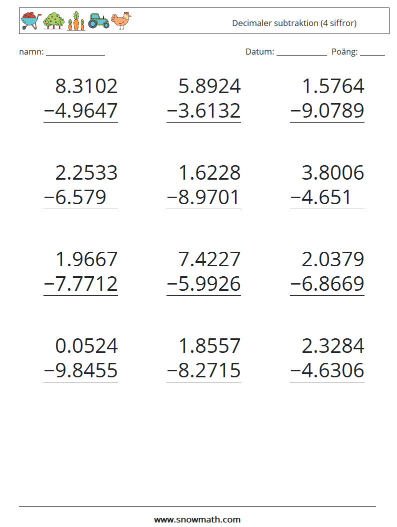 (12) Decimaler subtraktion (4 siffror) Matematiska arbetsblad 6