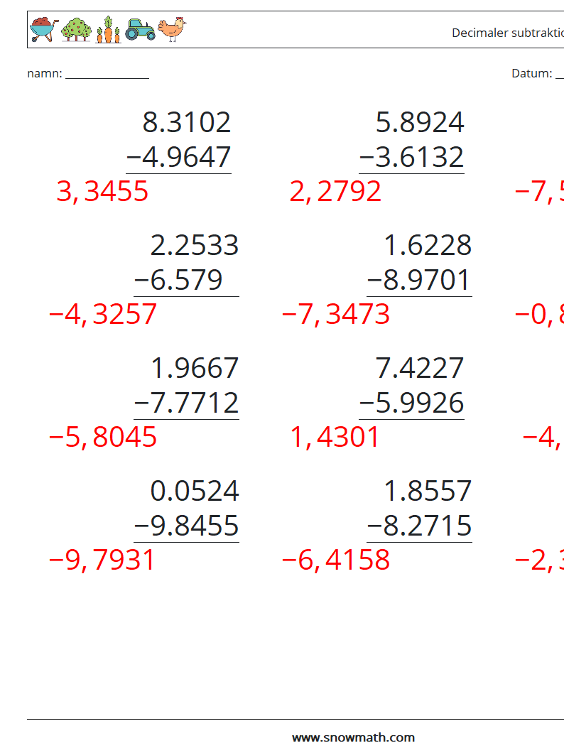 (12) Decimaler subtraktion (4 siffror) Matematiska arbetsblad 6 Fråga, svar