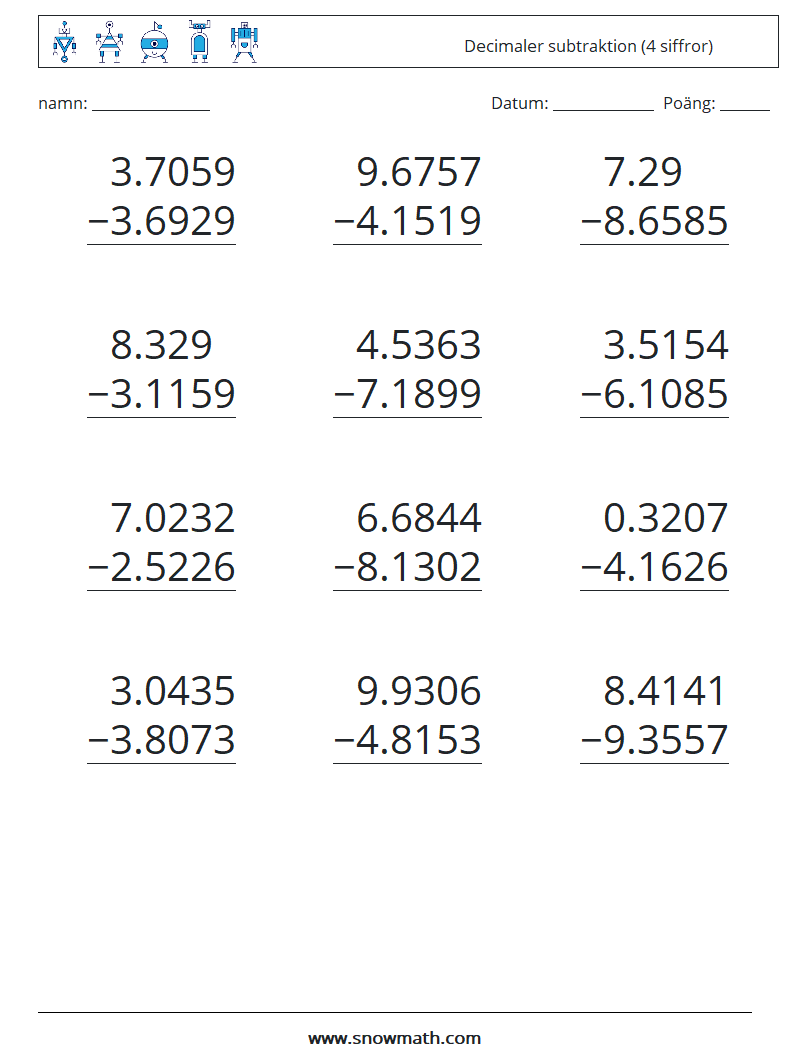 (12) Decimaler subtraktion (4 siffror) Matematiska arbetsblad 7