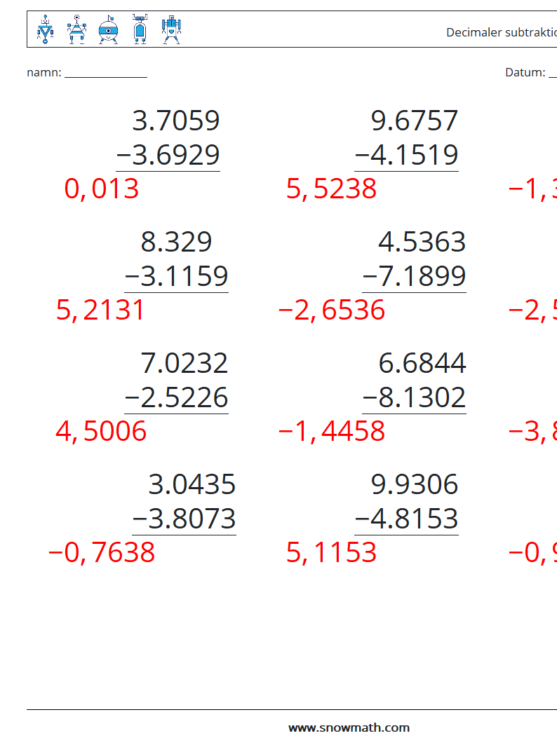 (12) Decimaler subtraktion (4 siffror) Matematiska arbetsblad 7 Fråga, svar