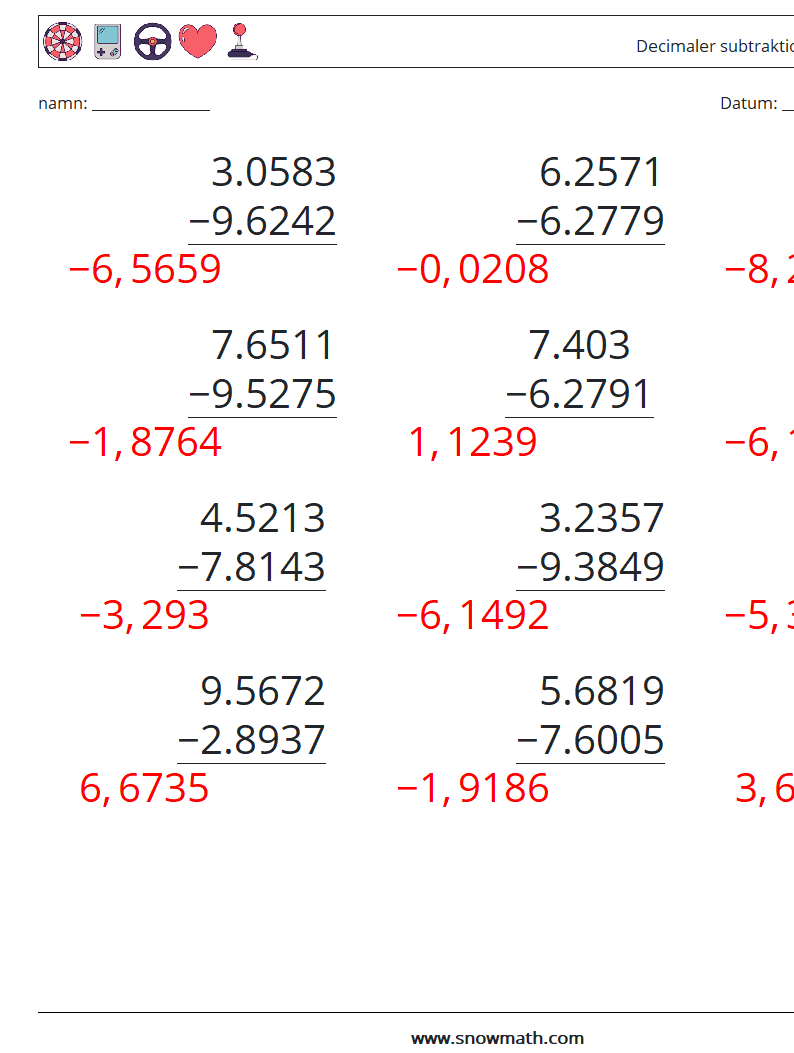 (12) Decimaler subtraktion (4 siffror) Matematiska arbetsblad 8 Fråga, svar