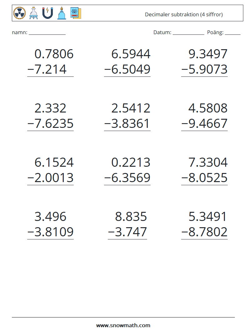 (12) Decimaler subtraktion (4 siffror) Matematiska arbetsblad 9