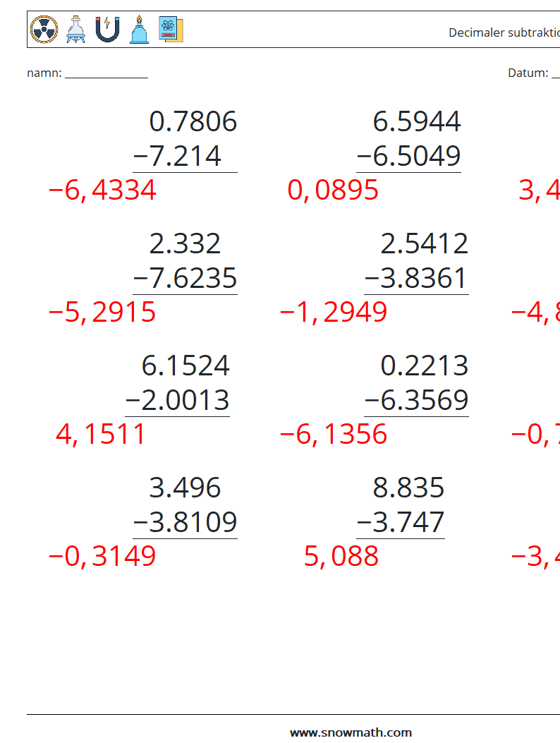 (12) Decimaler subtraktion (4 siffror) Matematiska arbetsblad 9 Fråga, svar