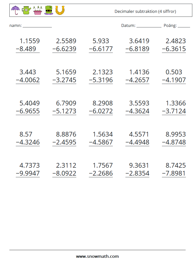 (25) Decimaler subtraktion (4 siffror) Matematiska arbetsblad 1