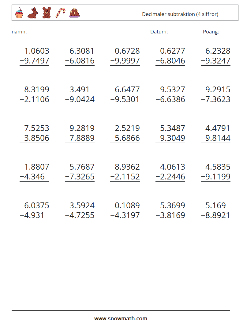 (25) Decimaler subtraktion (4 siffror) Matematiska arbetsblad 10