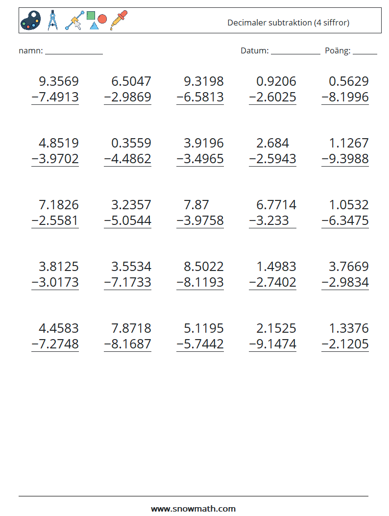 (25) Decimaler subtraktion (4 siffror) Matematiska arbetsblad 11