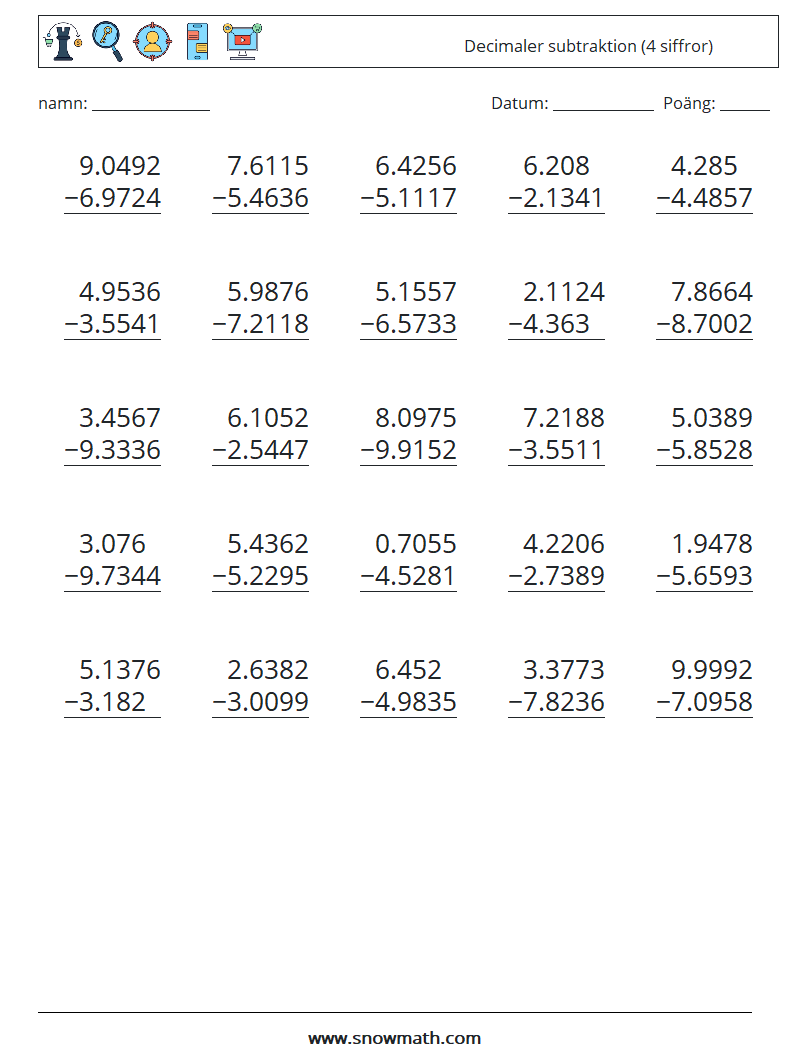 (25) Decimaler subtraktion (4 siffror) Matematiska arbetsblad 12