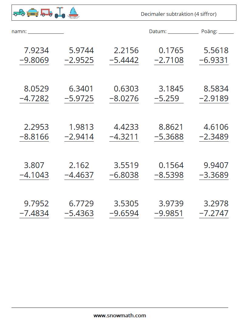 (25) Decimaler subtraktion (4 siffror) Matematiska arbetsblad 13