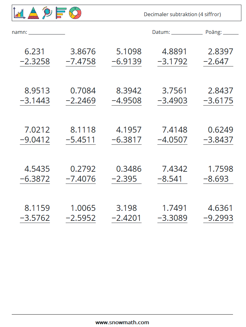 (25) Decimaler subtraktion (4 siffror) Matematiska arbetsblad 14