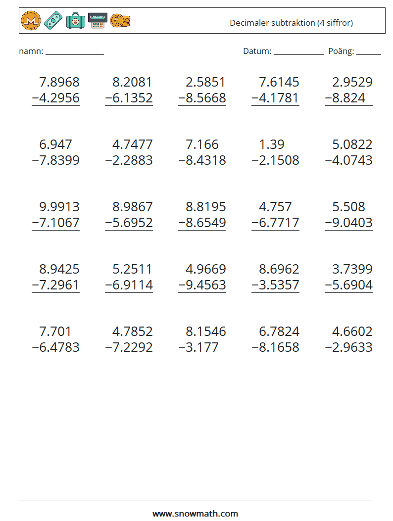 (25) Decimaler subtraktion (4 siffror) Matematiska arbetsblad 15