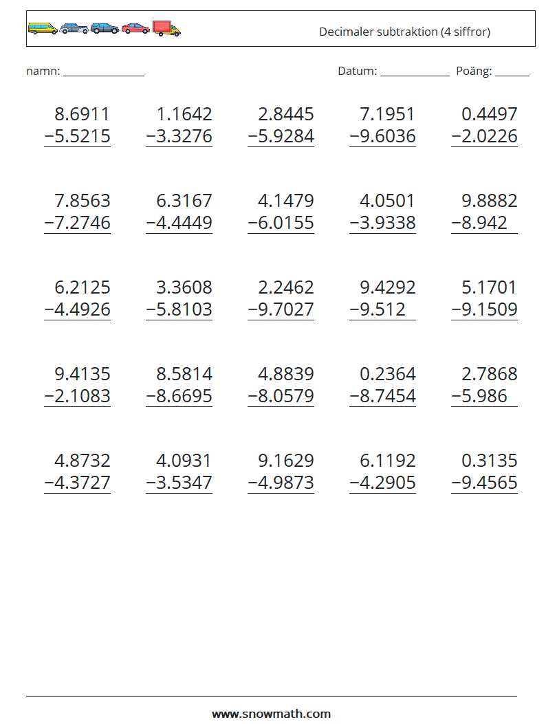 (25) Decimaler subtraktion (4 siffror) Matematiska arbetsblad 18