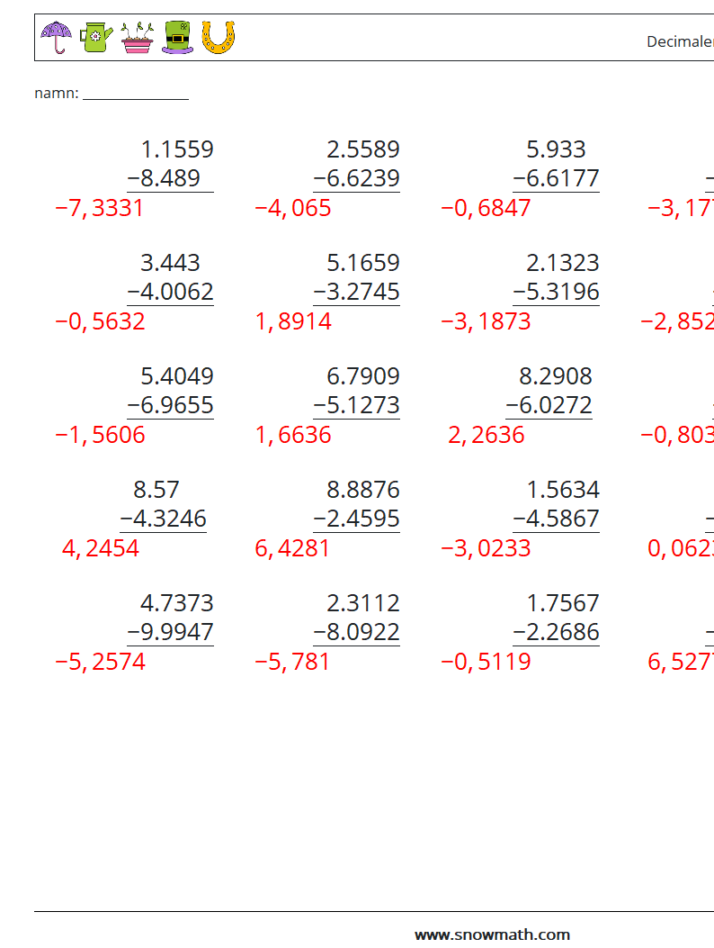 (25) Decimaler subtraktion (4 siffror) Matematiska arbetsblad 1 Fråga, svar