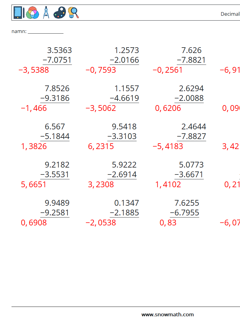 (25) Decimaler subtraktion (4 siffror) Matematiska arbetsblad 2 Fråga, svar