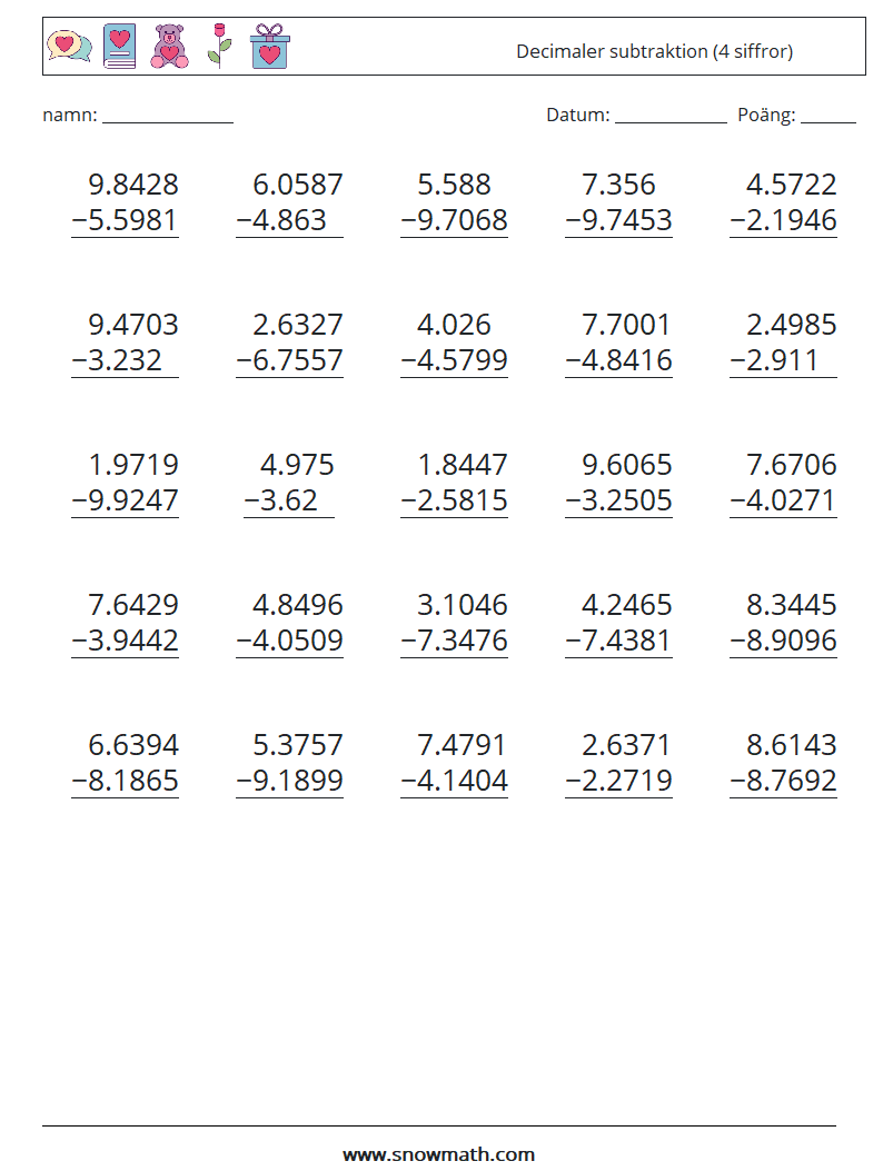 (25) Decimaler subtraktion (4 siffror) Matematiska arbetsblad 3