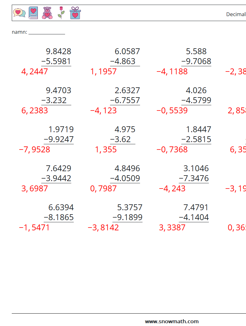 (25) Decimaler subtraktion (4 siffror) Matematiska arbetsblad 3 Fråga, svar