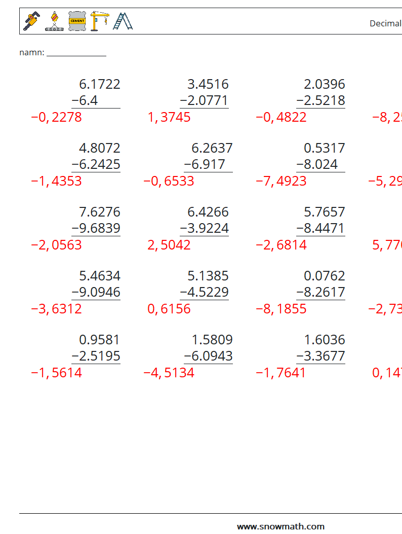 (25) Decimaler subtraktion (4 siffror) Matematiska arbetsblad 4 Fråga, svar