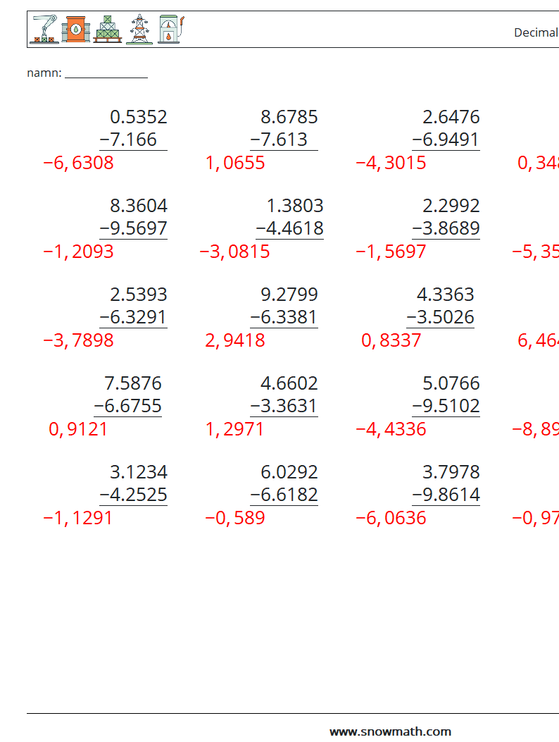 (25) Decimaler subtraktion (4 siffror) Matematiska arbetsblad 5 Fråga, svar