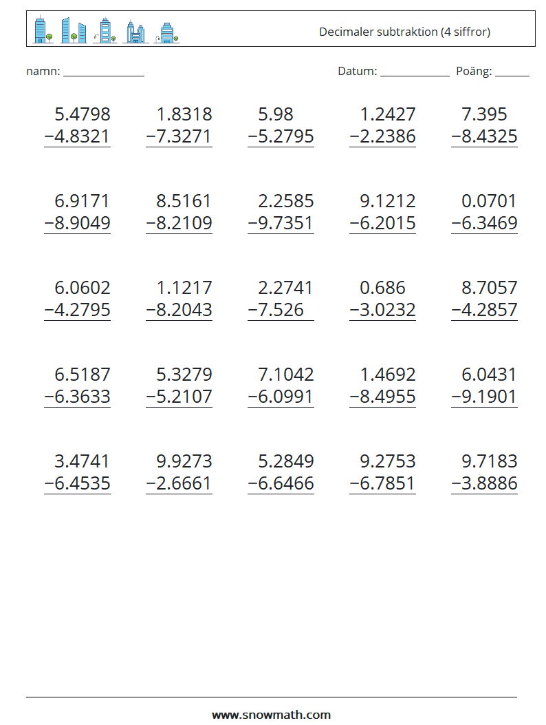 (25) Decimaler subtraktion (4 siffror) Matematiska arbetsblad 6