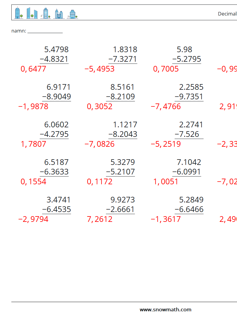 (25) Decimaler subtraktion (4 siffror) Matematiska arbetsblad 6 Fråga, svar