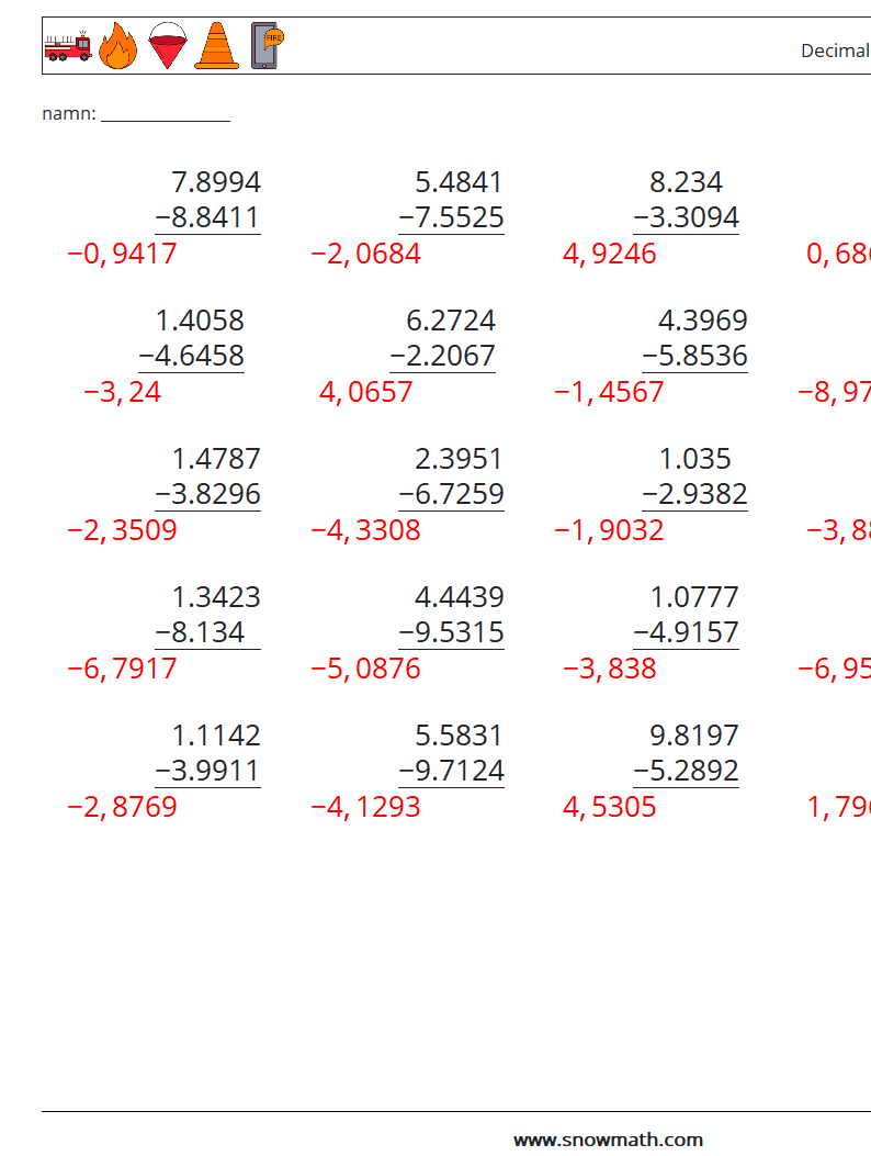 (25) Decimaler subtraktion (4 siffror) Matematiska arbetsblad 7 Fråga, svar