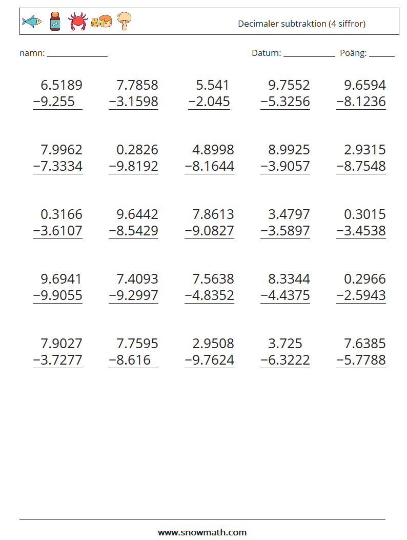 (25) Decimaler subtraktion (4 siffror) Matematiska arbetsblad 8