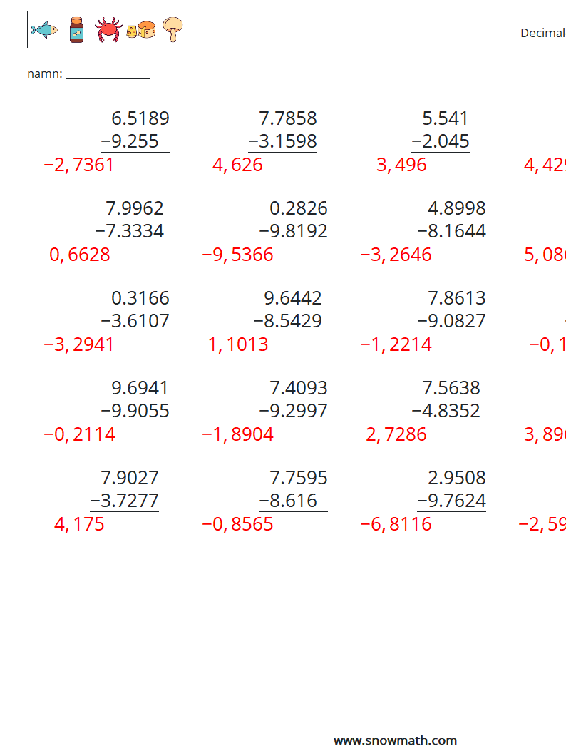 (25) Decimaler subtraktion (4 siffror) Matematiska arbetsblad 8 Fråga, svar