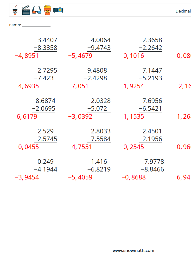 (25) Decimaler subtraktion (4 siffror) Matematiska arbetsblad 9 Fråga, svar