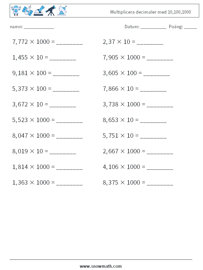 Multiplicera decimaler med 10,100,1000 Matematiska arbetsblad 1