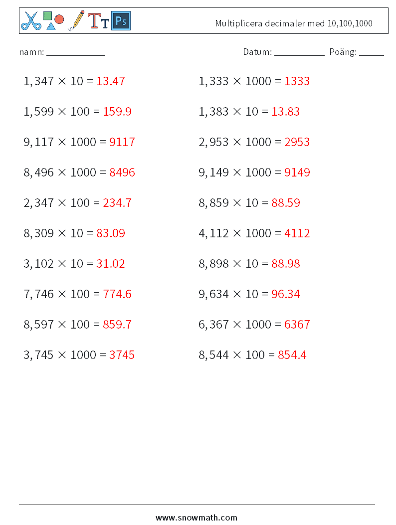 Multiplicera decimaler med 10,100,1000 Matematiska arbetsblad 12 Fråga, svar