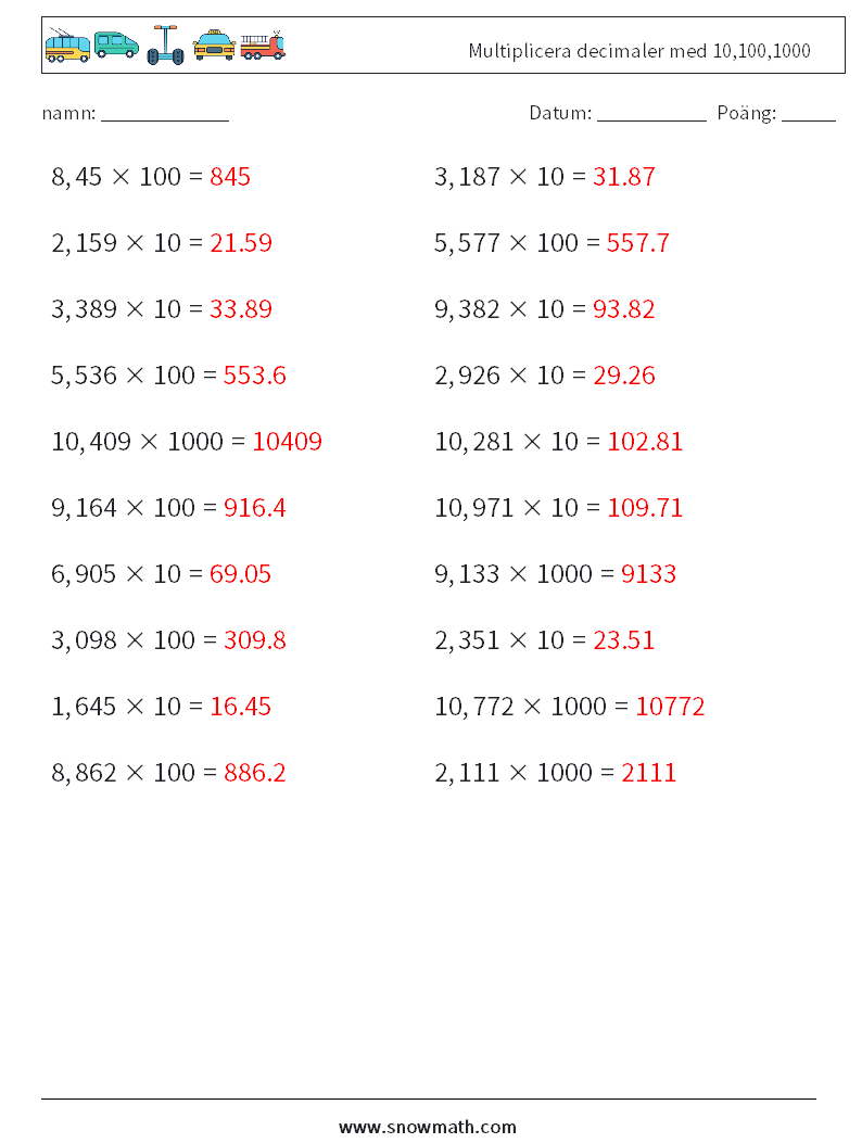 Multiplicera decimaler med 10,100,1000 Matematiska arbetsblad 15 Fråga, svar