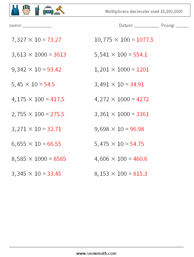 Multiplicera decimaler med 10,100,1000 Matematiska arbetsblad 17 Fråga, svar