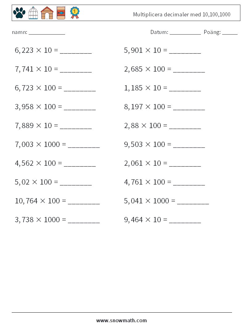 Multiplicera decimaler med 10,100,1000 Matematiska arbetsblad 18