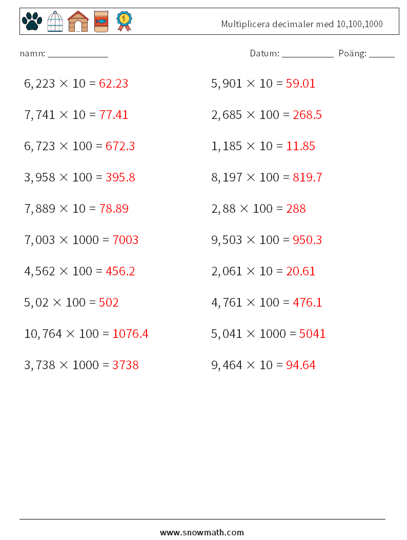 Multiplicera decimaler med 10,100,1000 Matematiska arbetsblad 18 Fråga, svar