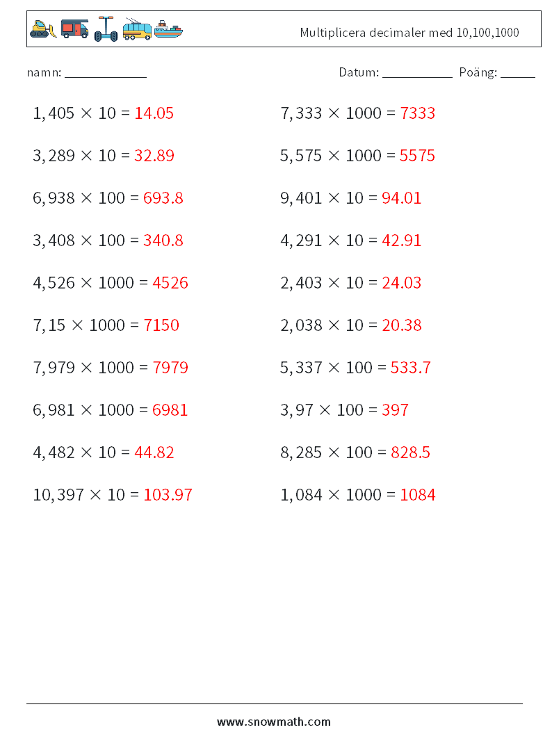 Multiplicera decimaler med 10,100,1000 Matematiska arbetsblad 2 Fråga, svar