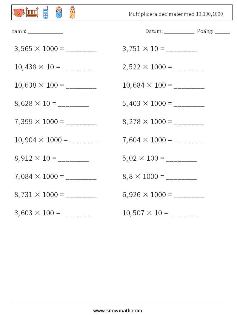 Multiplicera decimaler med 10,100,1000 Matematiska arbetsblad 3