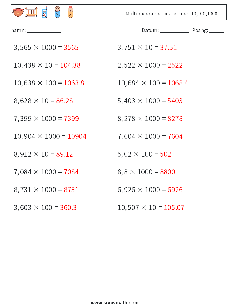 Multiplicera decimaler med 10,100,1000 Matematiska arbetsblad 3 Fråga, svar