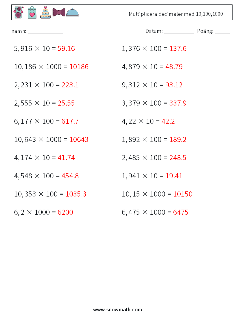 Multiplicera decimaler med 10,100,1000 Matematiska arbetsblad 4 Fråga, svar