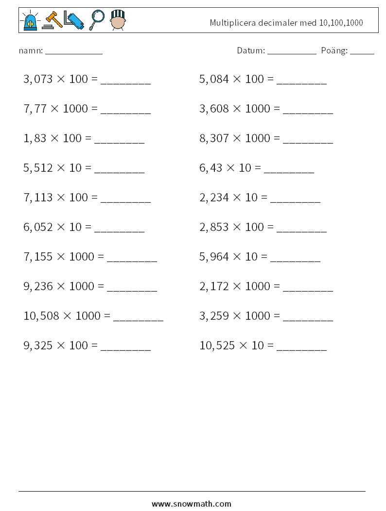 Multiplicera decimaler med 10,100,1000 Matematiska arbetsblad 5