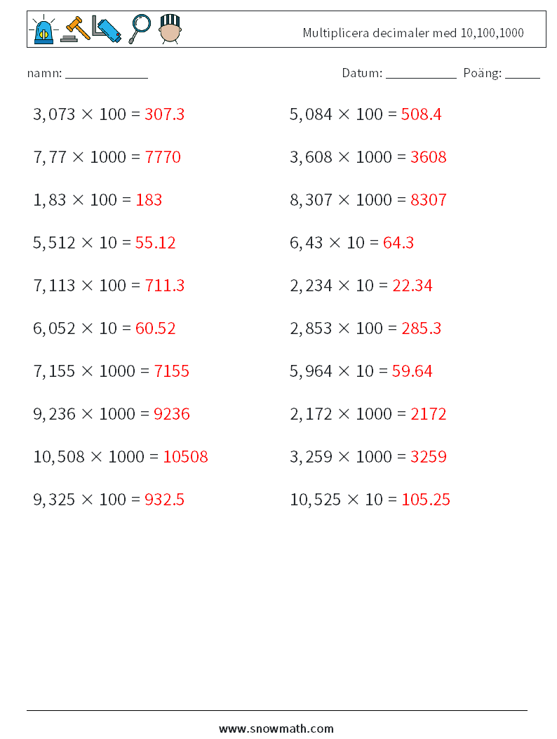 Multiplicera decimaler med 10,100,1000 Matematiska arbetsblad 5 Fråga, svar