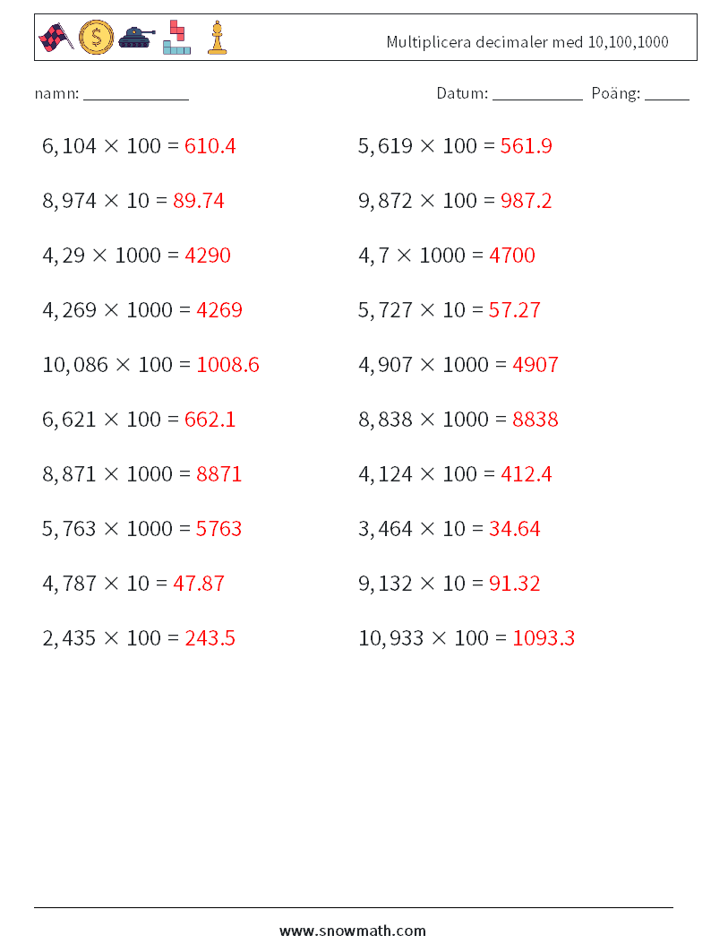 Multiplicera decimaler med 10,100,1000 Matematiska arbetsblad 6 Fråga, svar