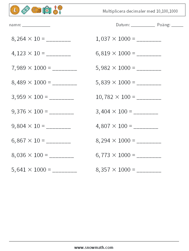Multiplicera decimaler med 10,100,1000 Matematiska arbetsblad 7