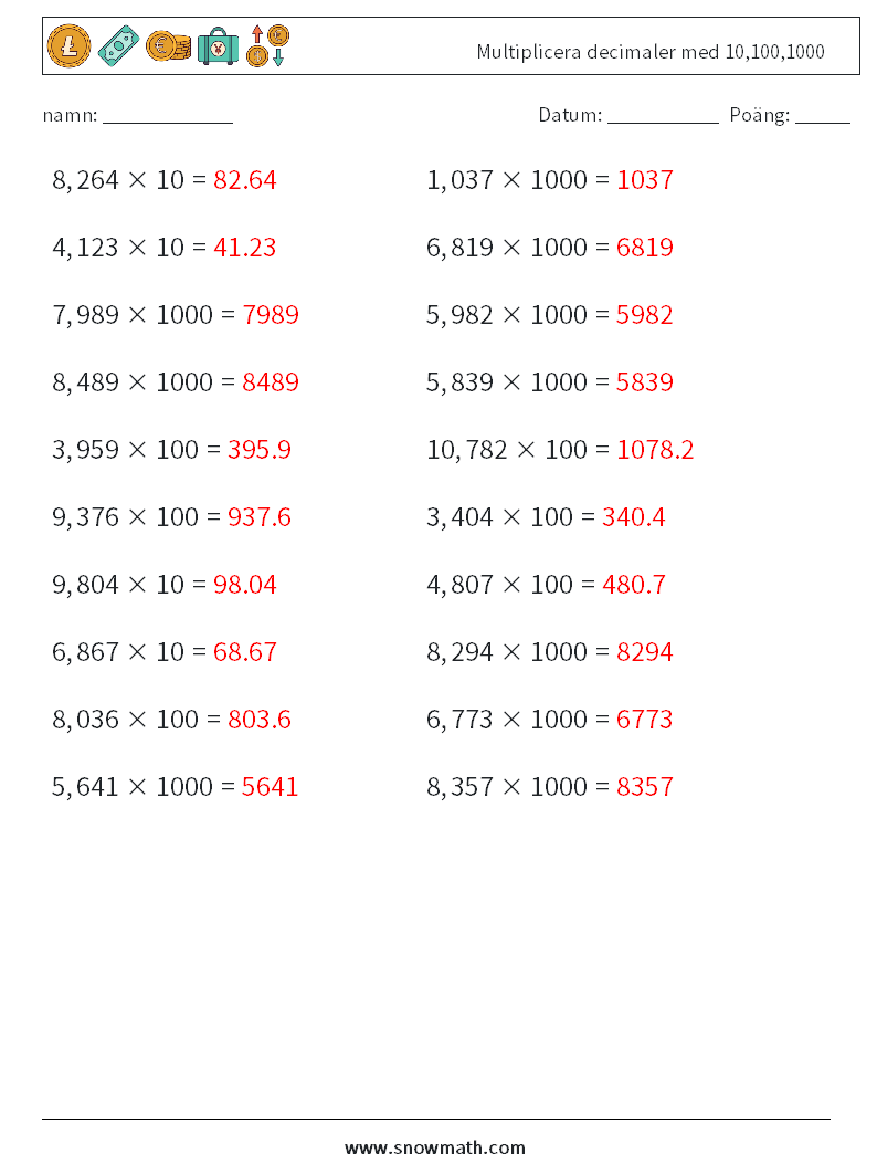 Multiplicera decimaler med 10,100,1000 Matematiska arbetsblad 7 Fråga, svar