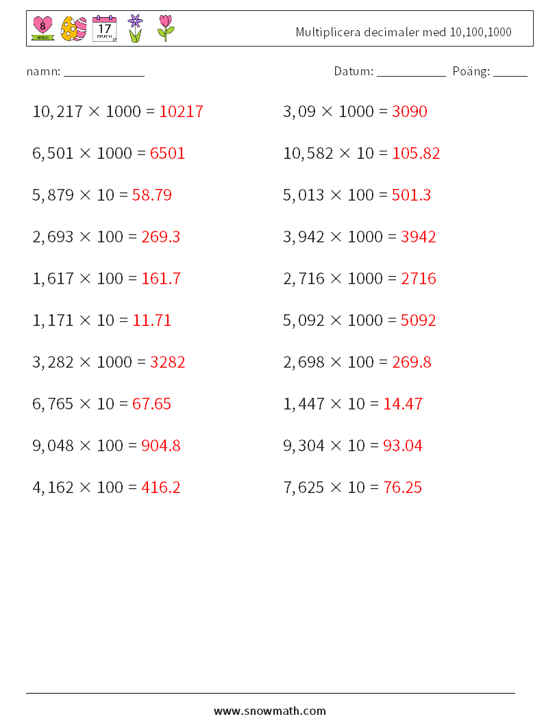 Multiplicera decimaler med 10,100,1000 Matematiska arbetsblad 8 Fråga, svar