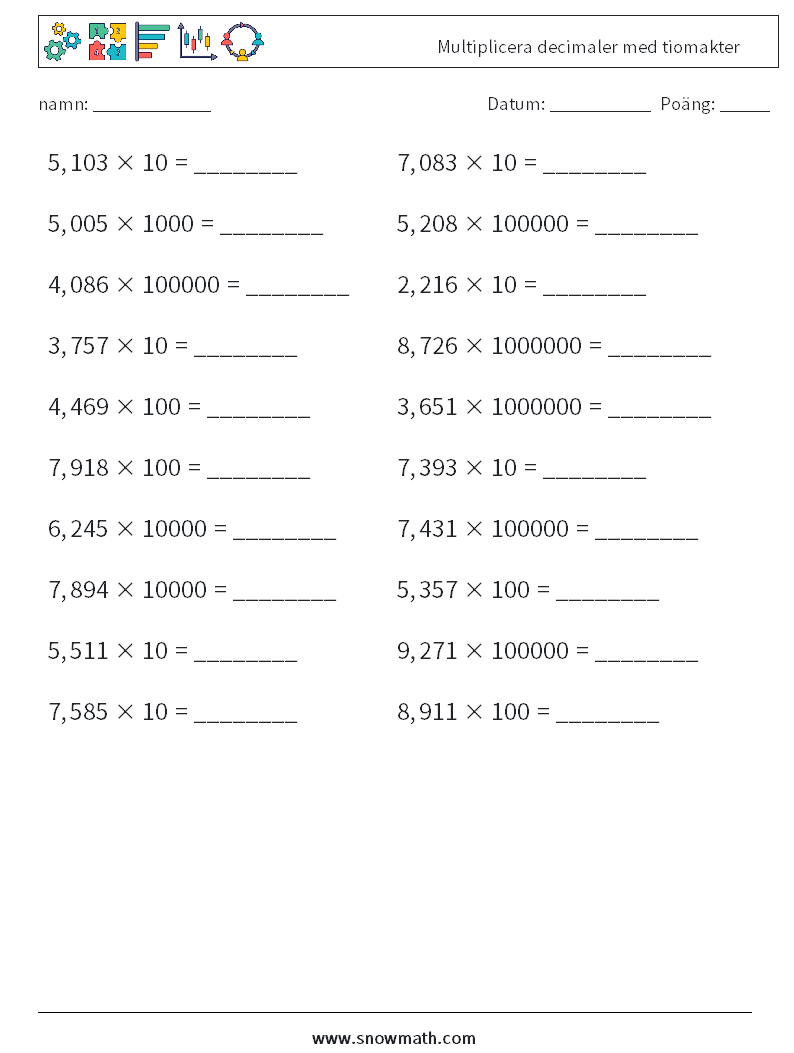 Multiplicera decimaler med tiomakter Matematiska arbetsblad 10