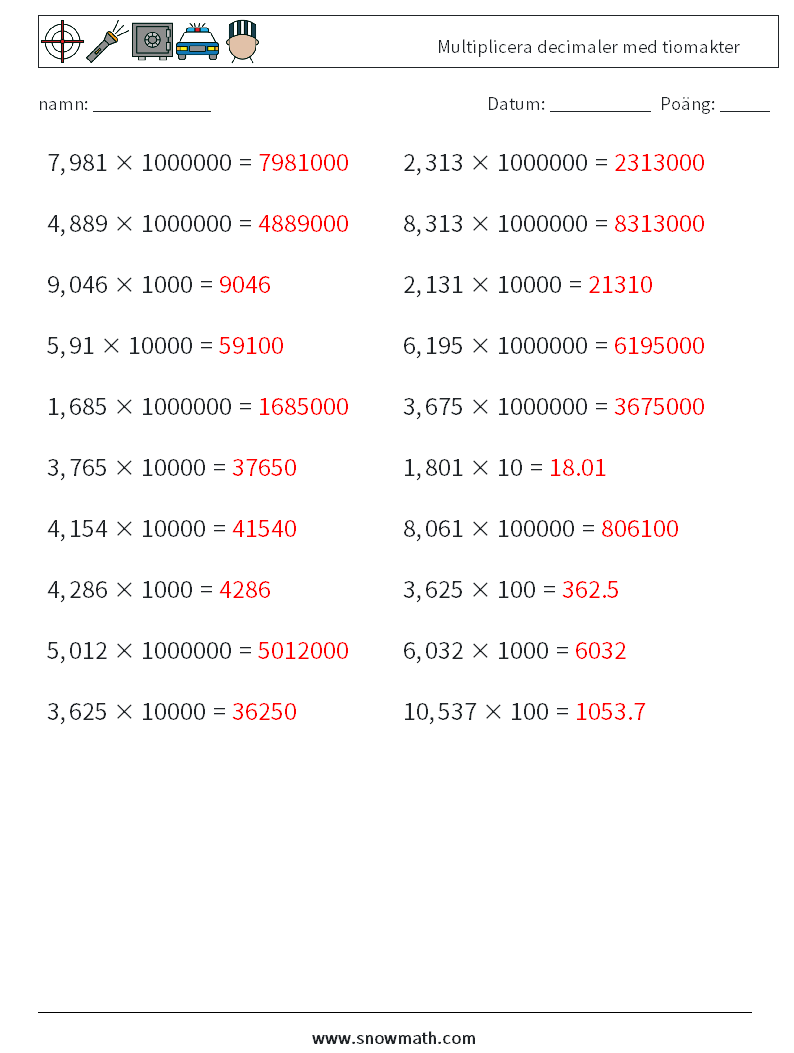 Multiplicera decimaler med tiomakter Matematiska arbetsblad 11 Fråga, svar