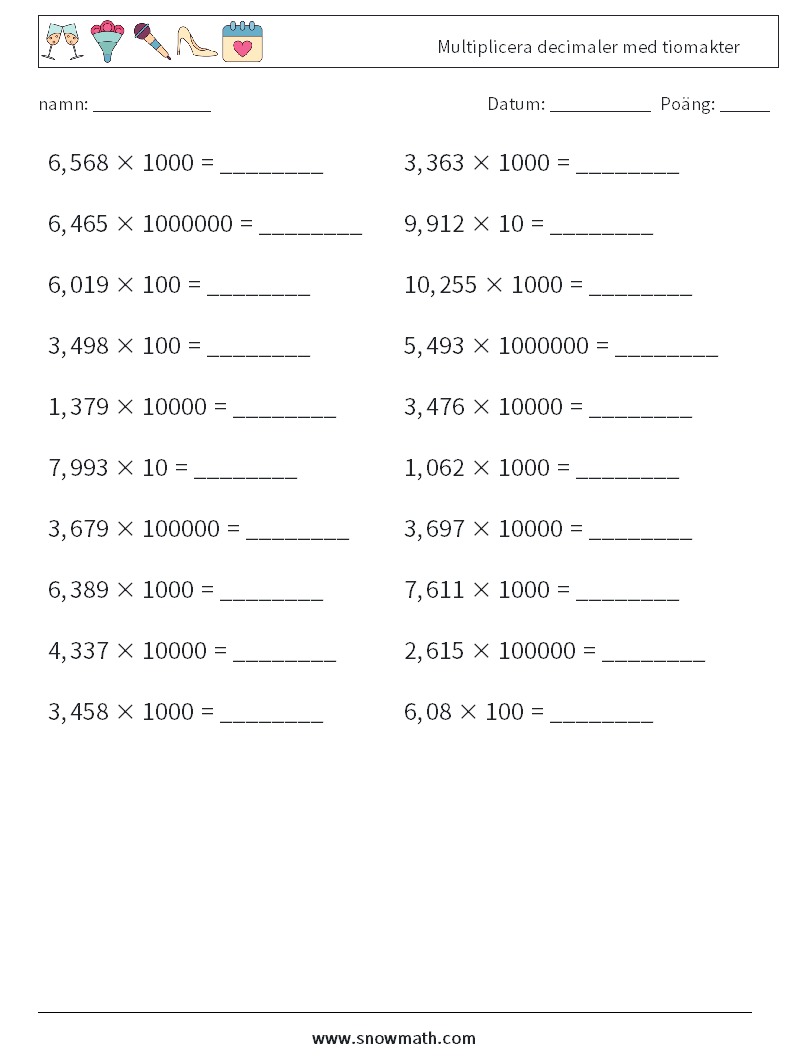 Multiplicera decimaler med tiomakter Matematiska arbetsblad 12