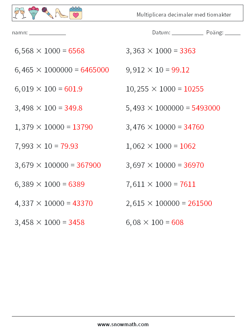 Multiplicera decimaler med tiomakter Matematiska arbetsblad 12 Fråga, svar