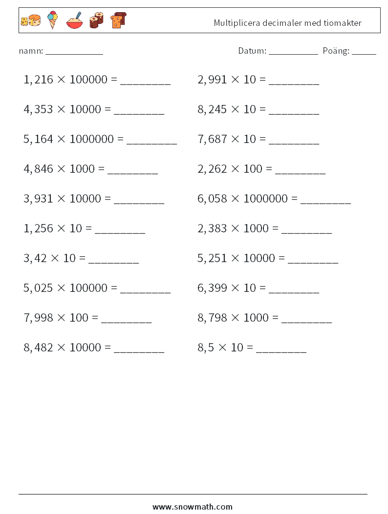 Multiplicera decimaler med tiomakter Matematiska arbetsblad 13