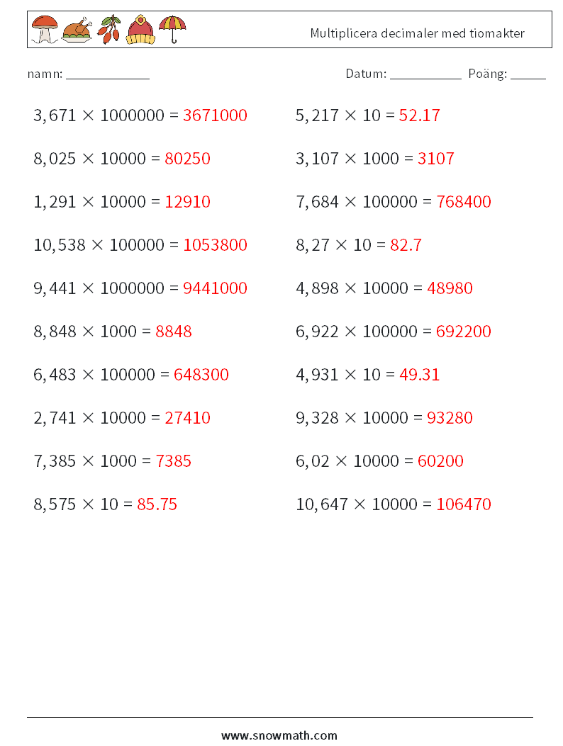 Multiplicera decimaler med tiomakter Matematiska arbetsblad 15 Fråga, svar