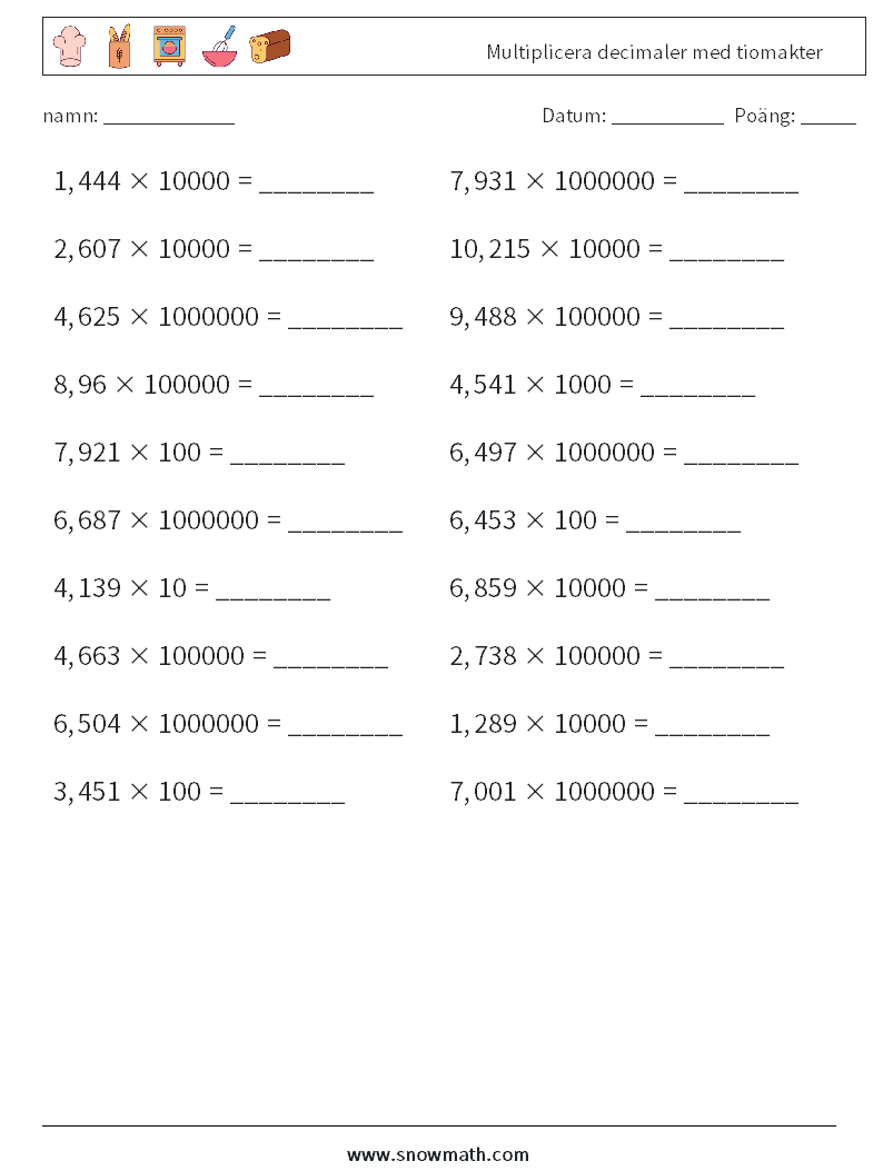 Multiplicera decimaler med tiomakter Matematiska arbetsblad 18